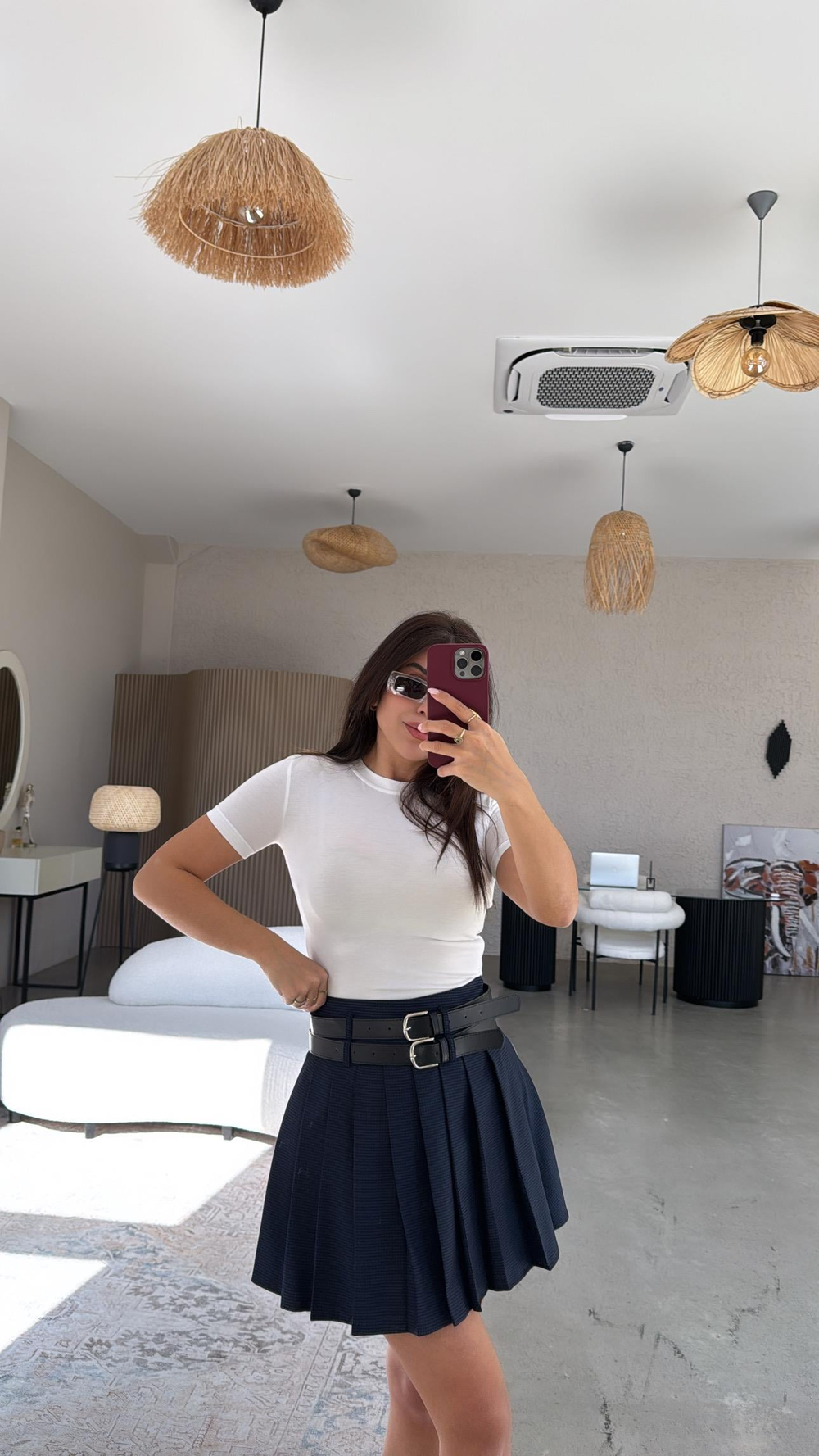 Lacivert Çift Kemerli Piliseli Mini Etek