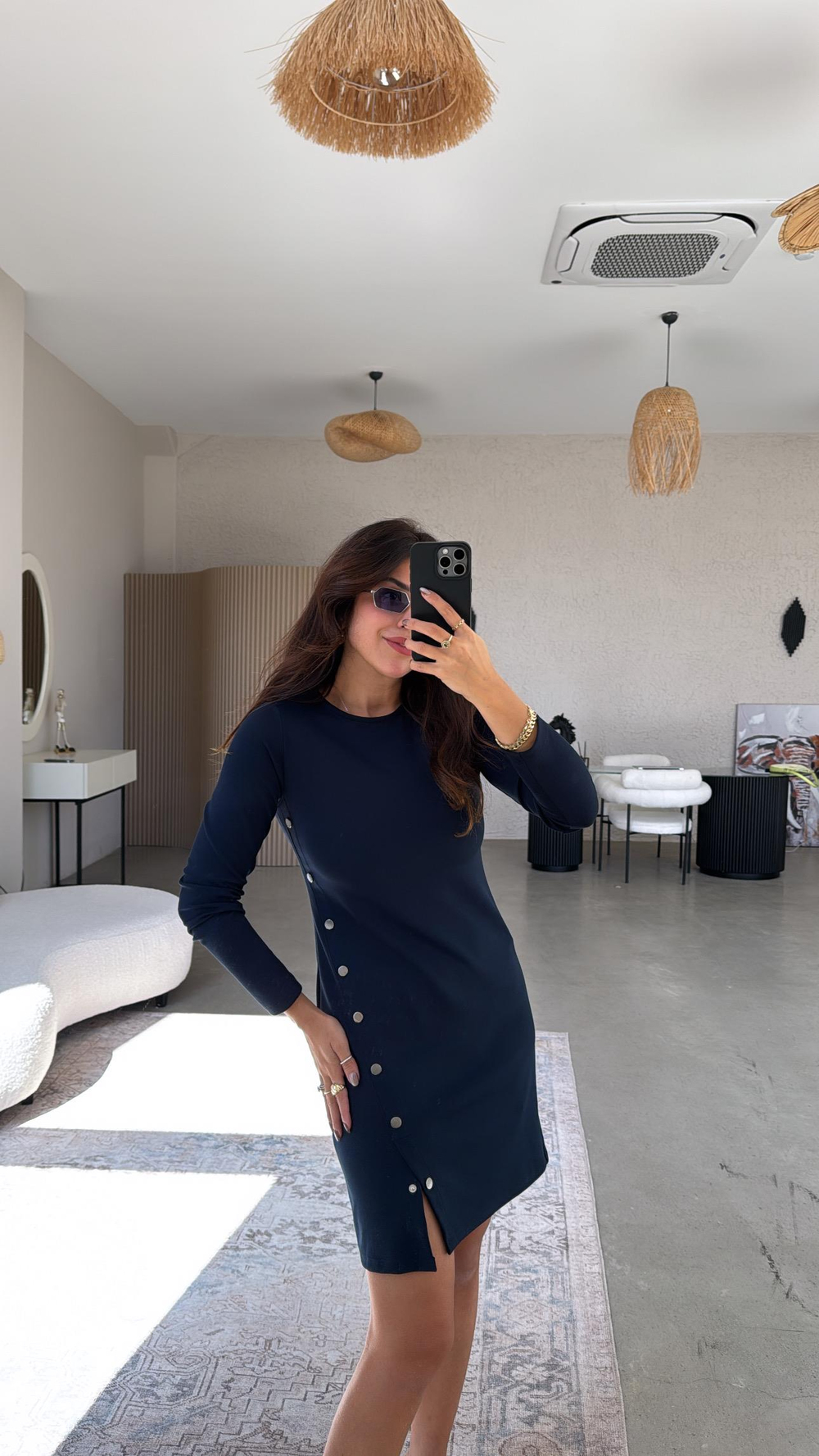 Lacivert Çıtçıt Detaylı Modal Elbise