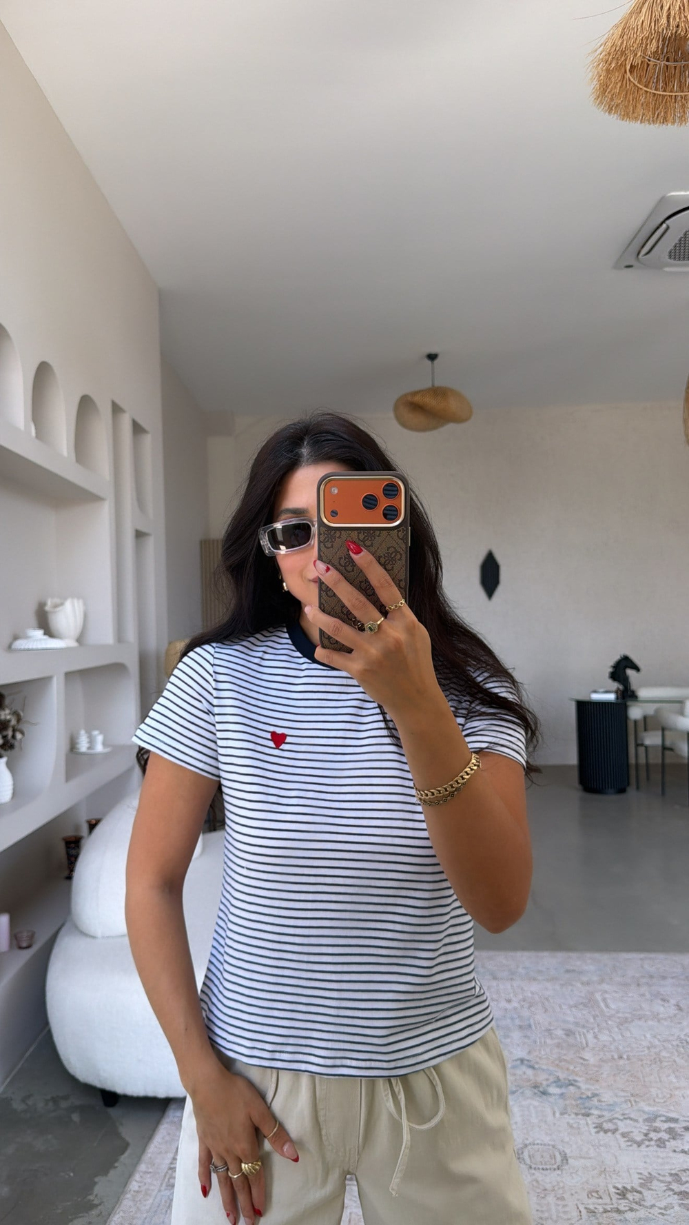 Lacivert Çizgili Kalp Nakışlı Tshirt