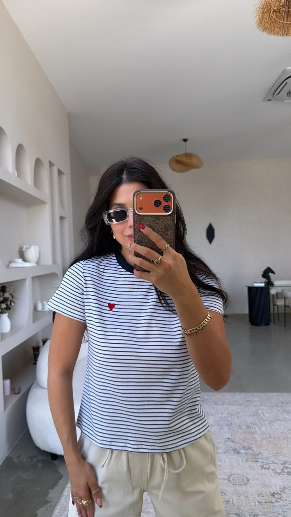 Lacivert Çizgili Kalp Nakışlı Tshirt