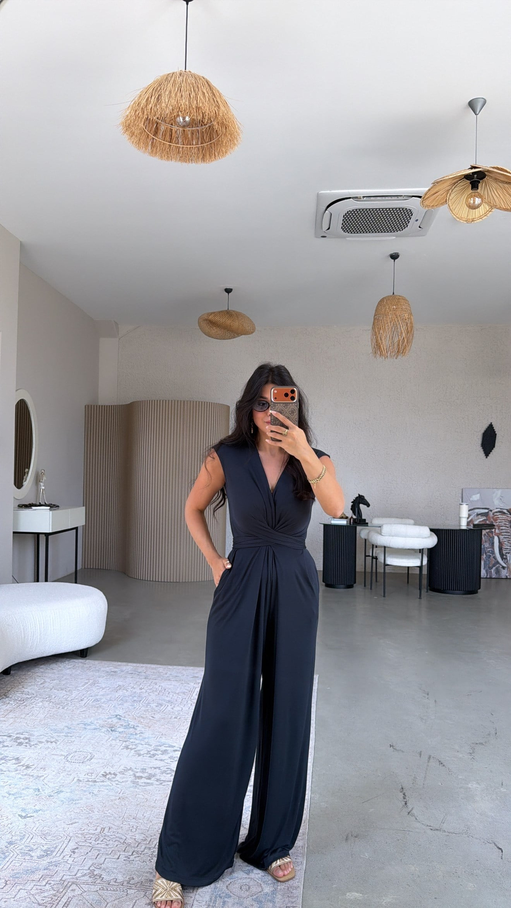 Lacivert Derin V Yaka İnce Kumaşlı Tulum