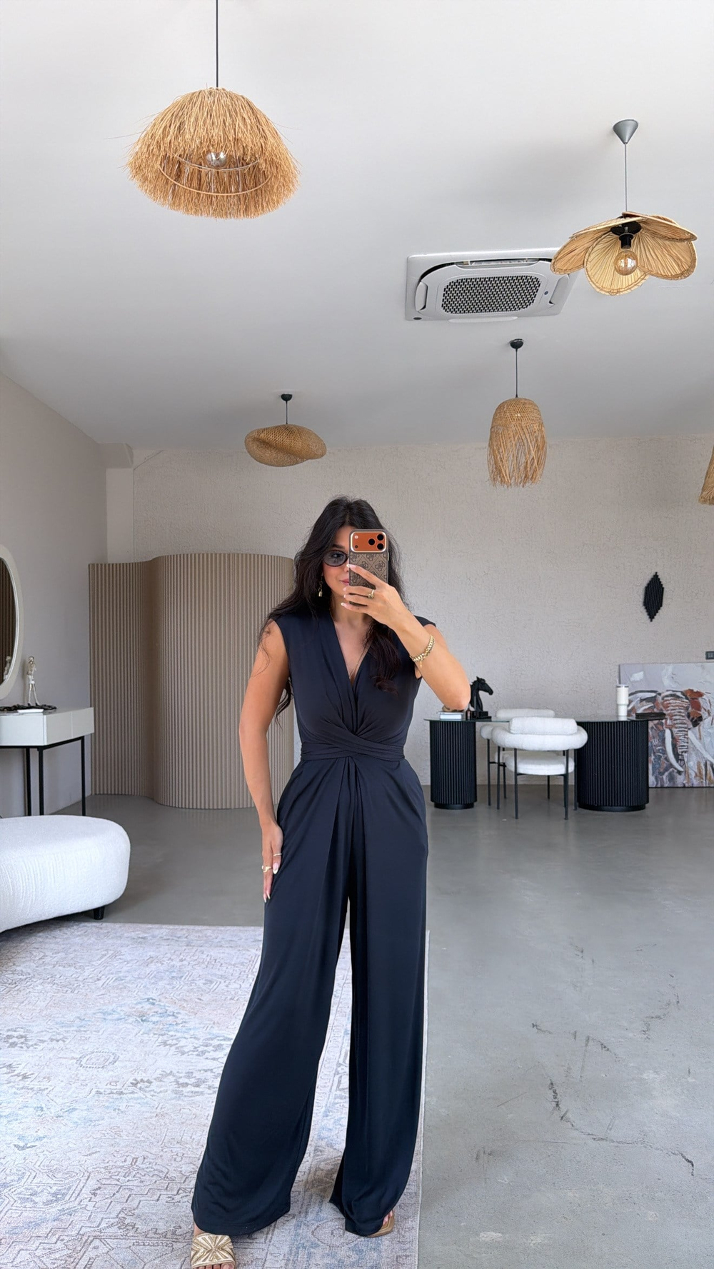 Lacivert Derin V Yaka İnce Kumaşlı Tulum