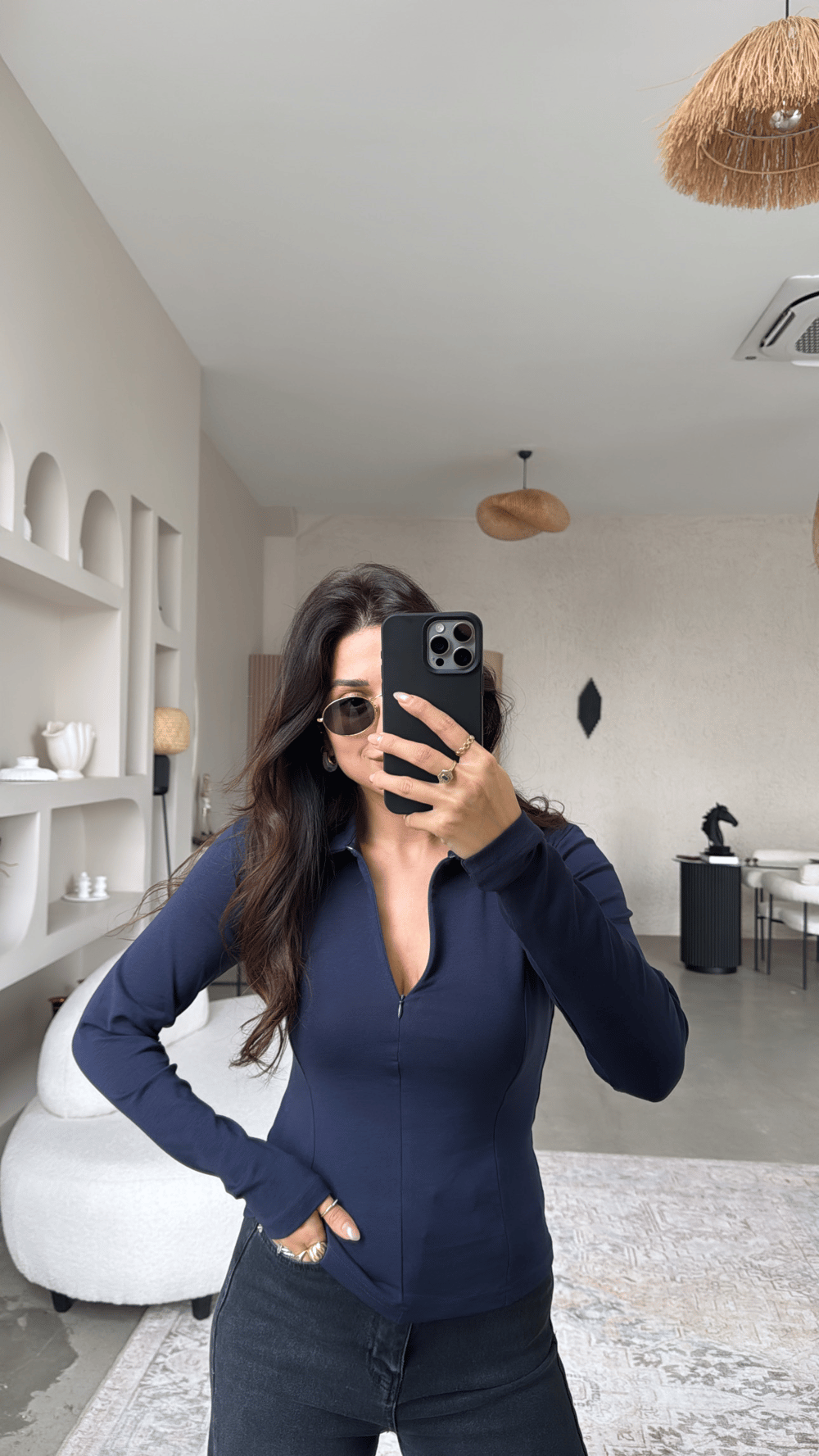 Lacivert Fermuarlı Yakalı Modal Bluz
