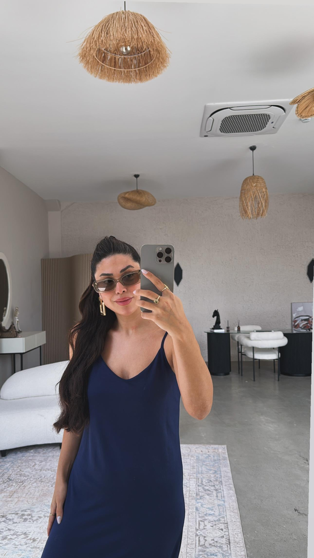 Lacivert İp Askı Pike Modal Elbise