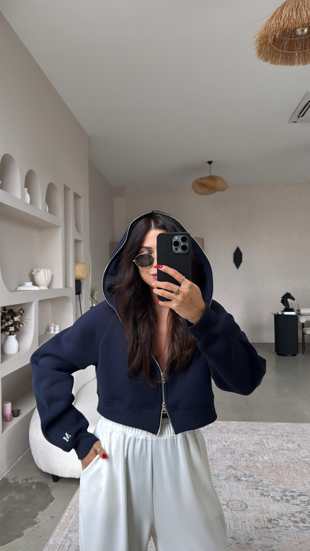 Lacivert M Nakış Üç İplik Şardonlu Hoodie