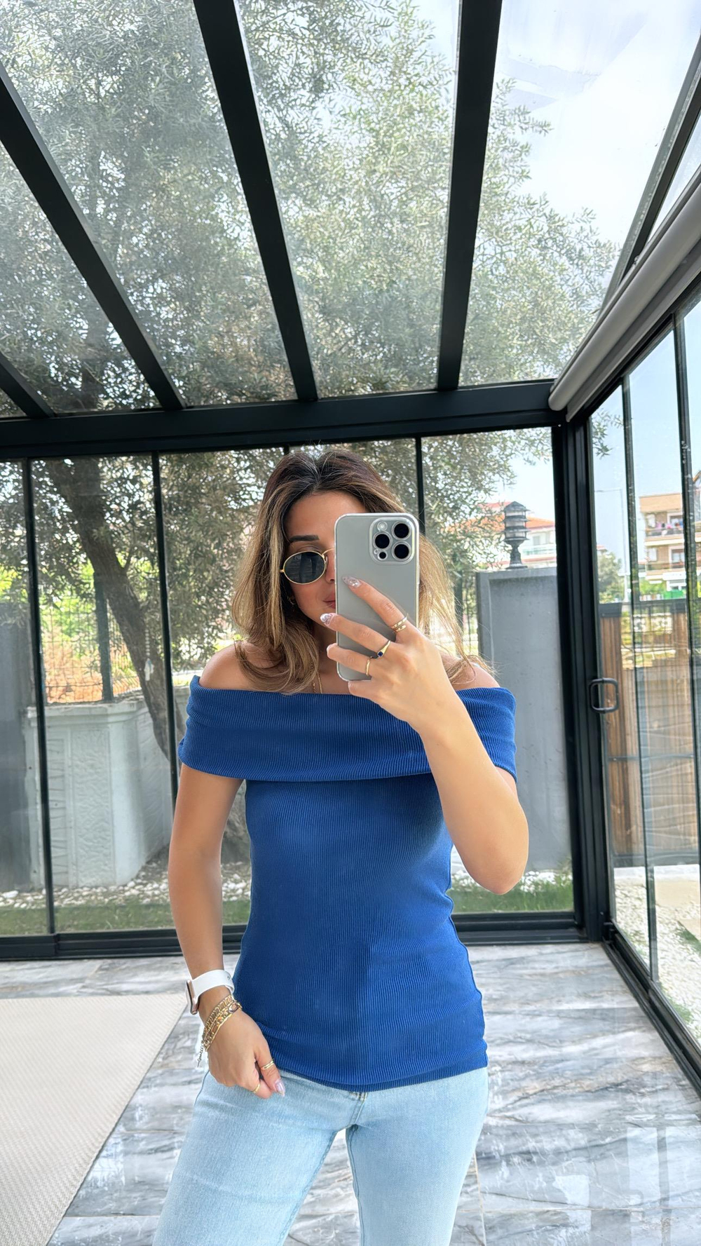 Lacivert Madonna Kısa Kol Bluz