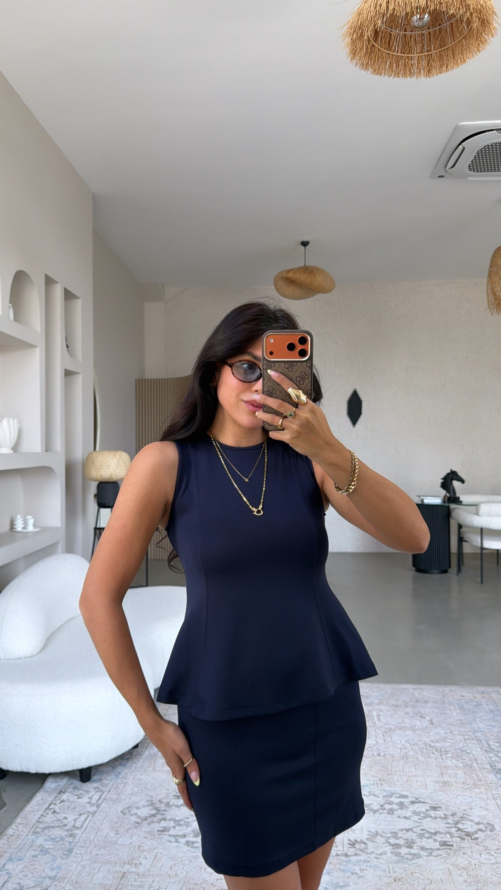 Lacivert Modal Volanlı Bluz Mini Etek Takım