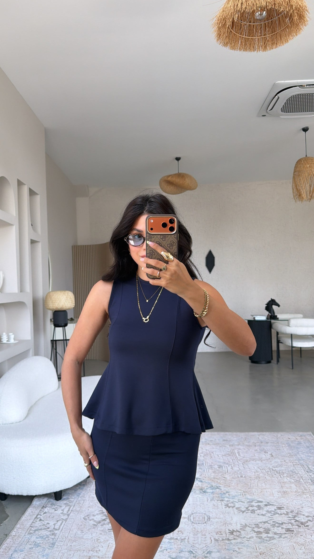 Lacivert Modal Volanlı Bluz Mini Etek Takım