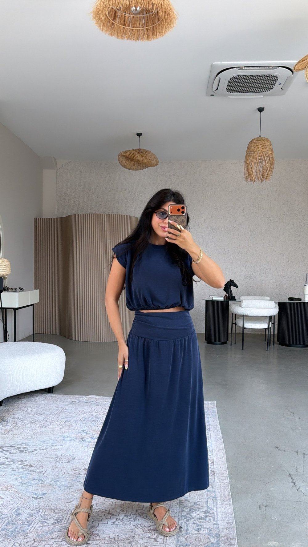 Lacivert Pike Modal Drape Etek Bluz Takım