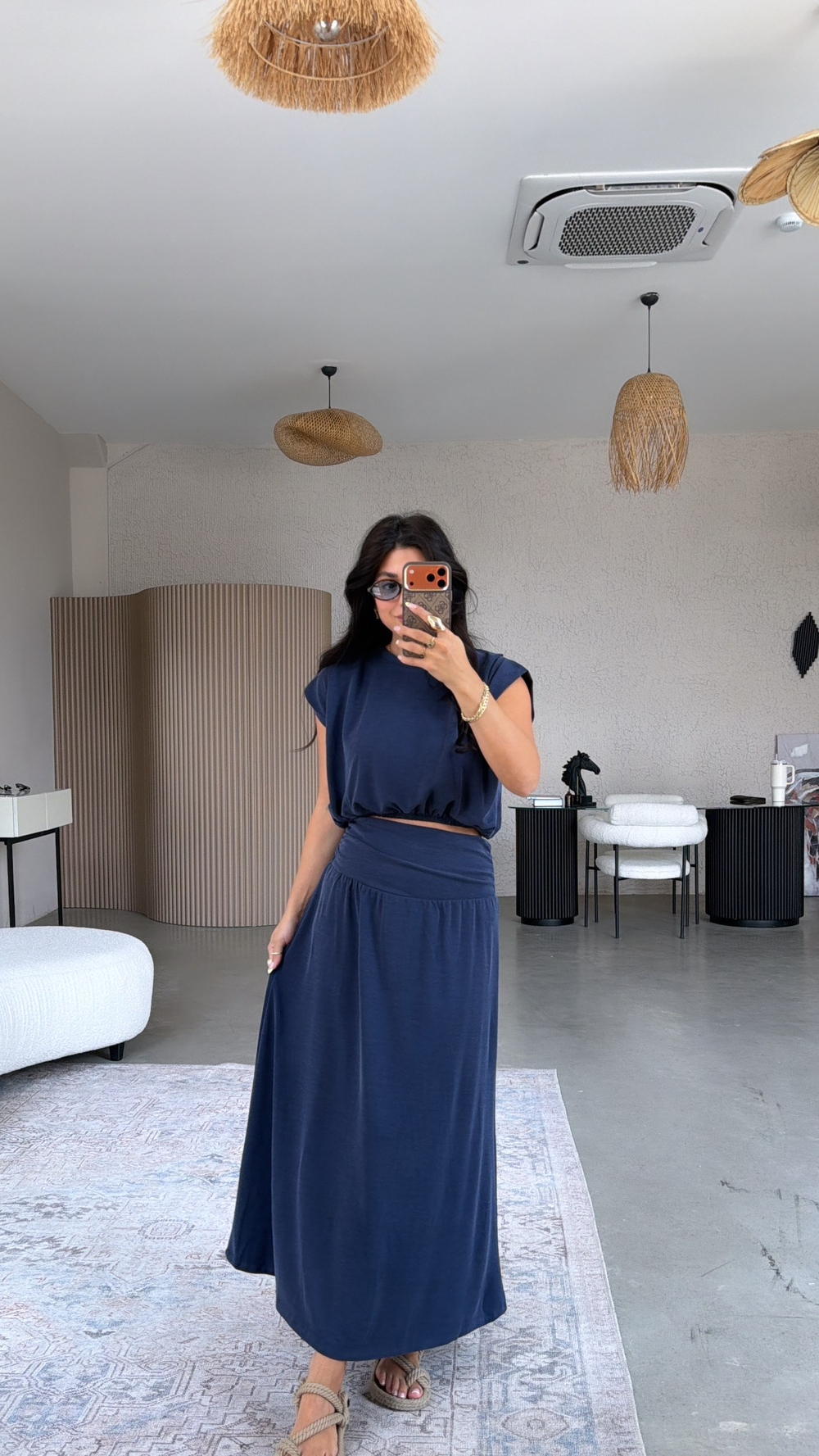 Lacivert Pike Modal Drape Etek Bluz Takım