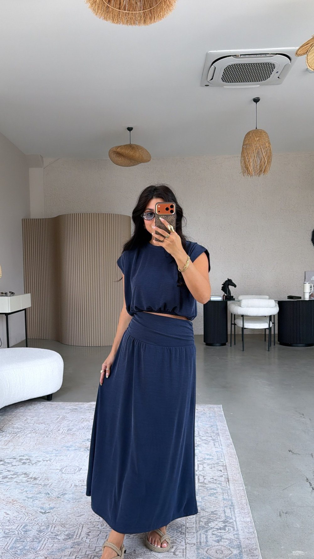 Lacivert Pike Modal Drape Etek Bluz Takım
