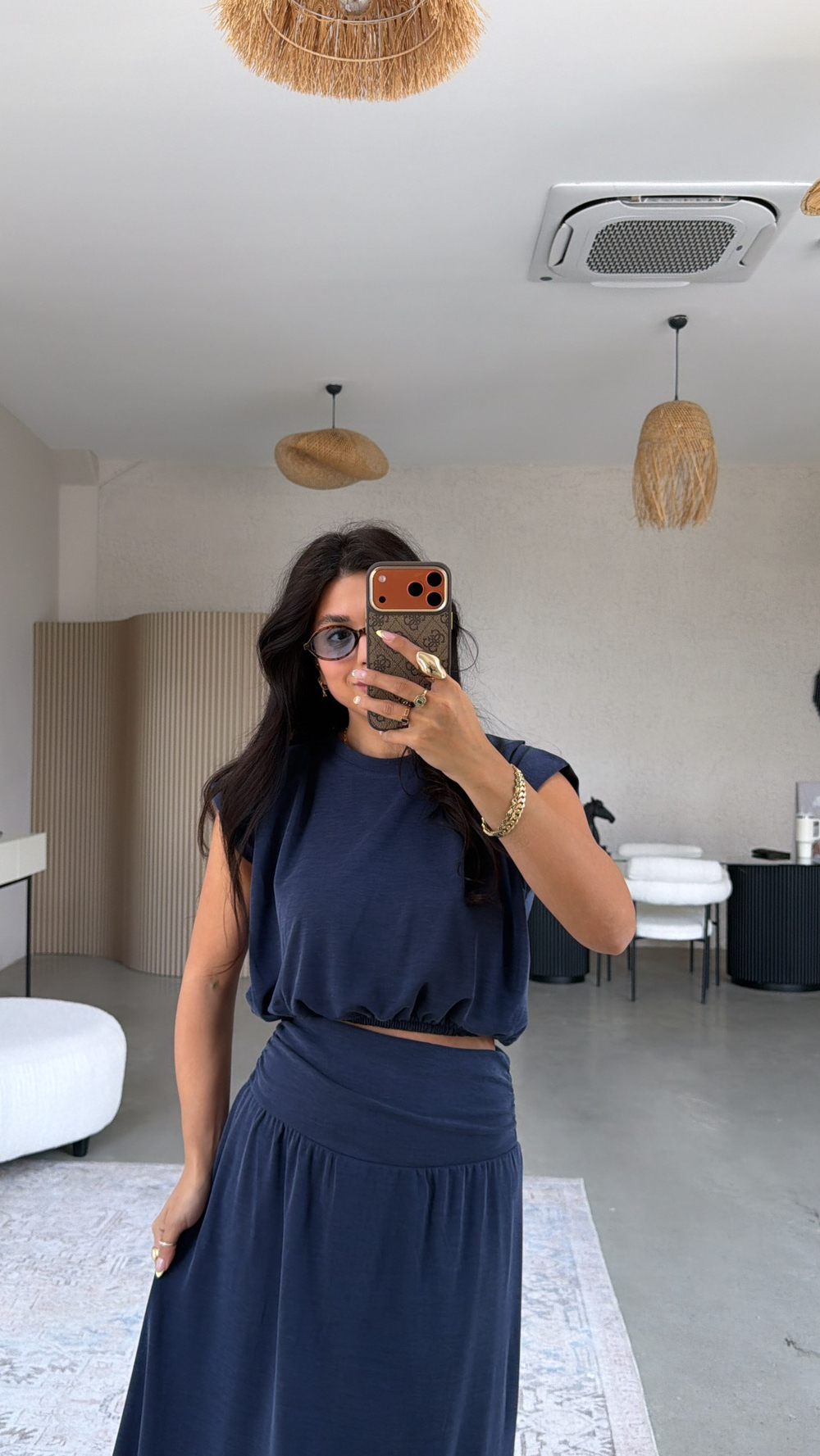Lacivert Pike Modal Drape Etek Bluz Takım