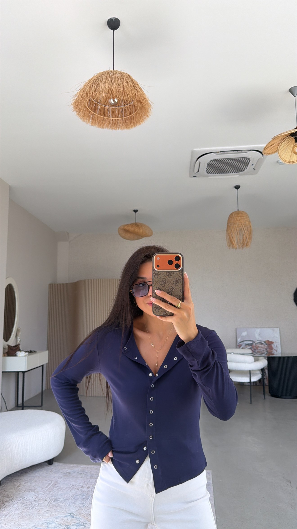 Lacivert Tam Boy Çıtçıt Modal Bluz