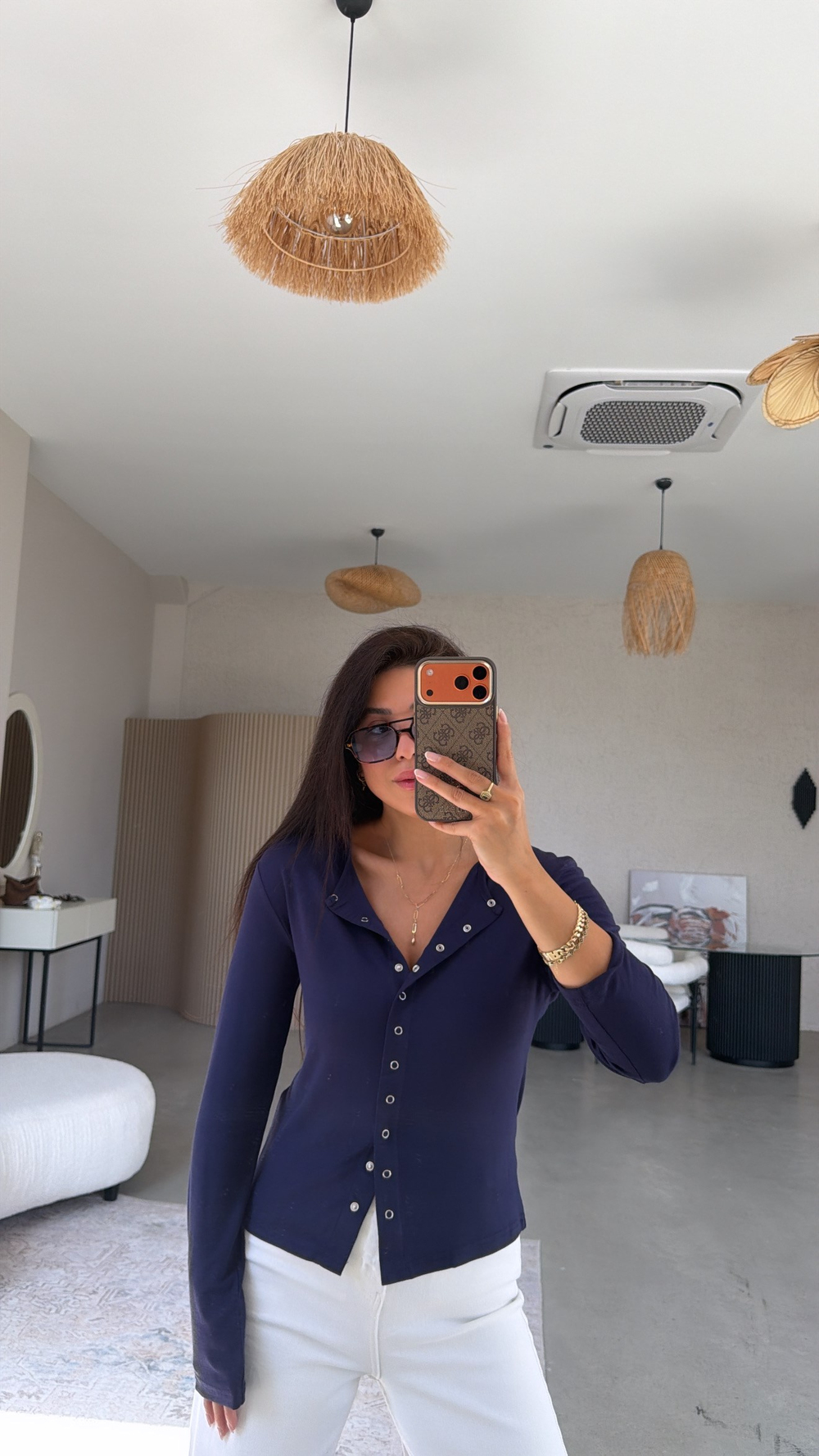 Lacivert Tam Boy Çıtçıt Modal Bluz