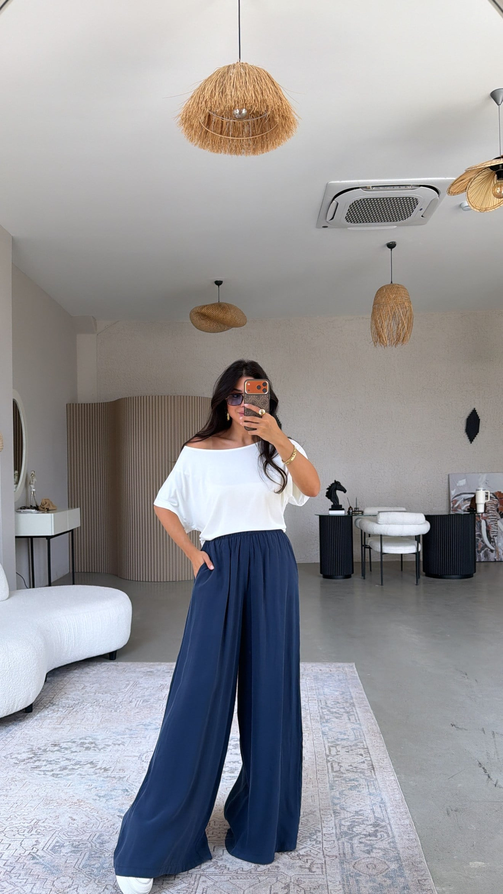 Lacivert Ultra Wide Leg Tensel Pantolon