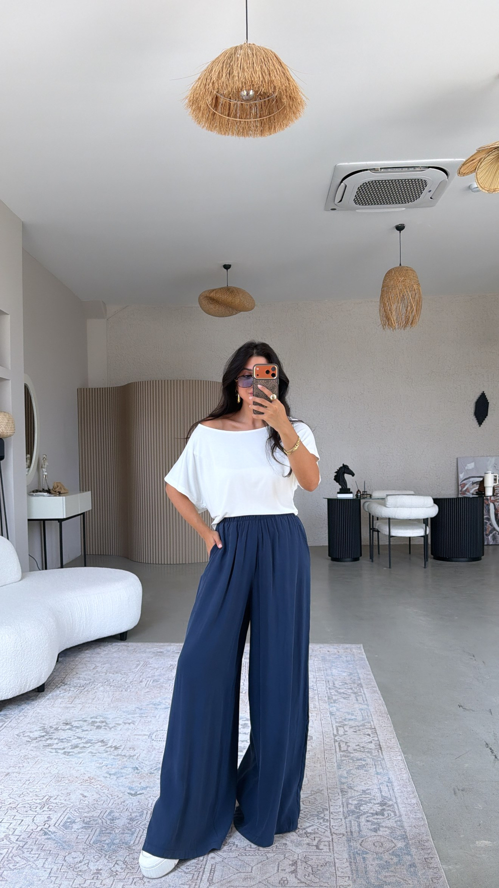 Lacivert Ultra Wide Leg Tensel Pantolon