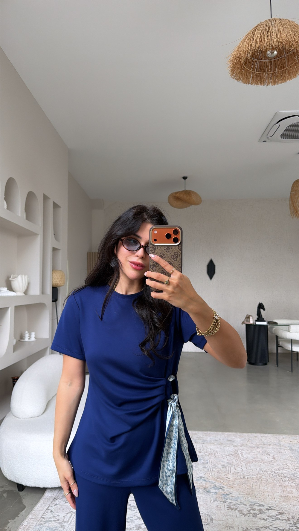 Lacivert Yanı Saten Fular Detaylı Modal Takım