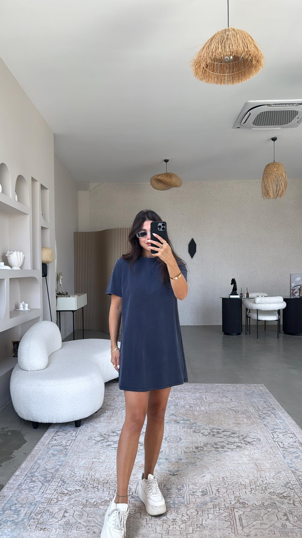 Lacivert Yıkamalı Mini Elbise