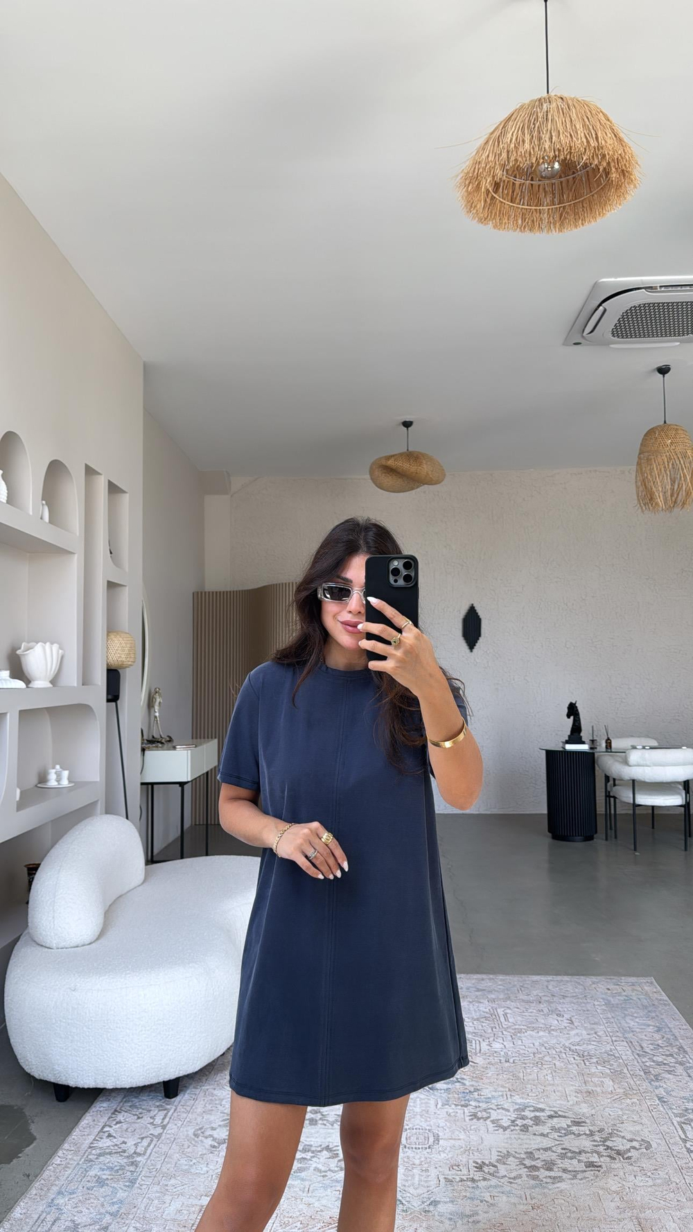 Lacivert Yıkamalı Mini Elbise