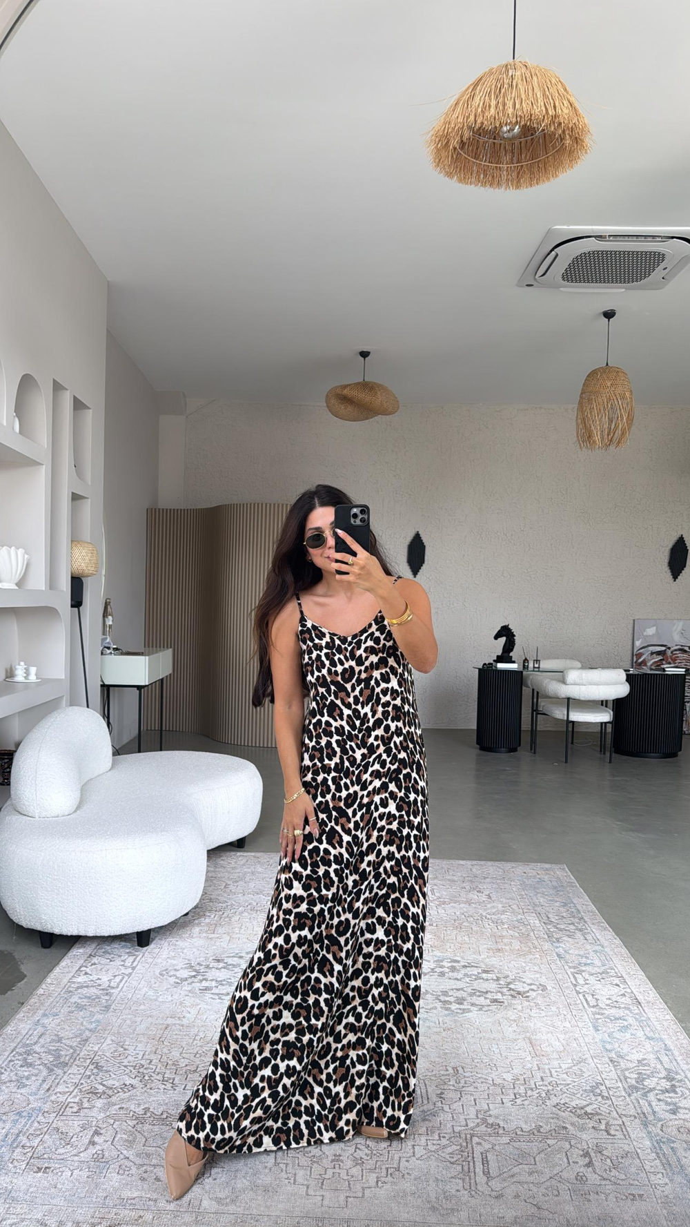 Leopar Askılı Viskon Elbise