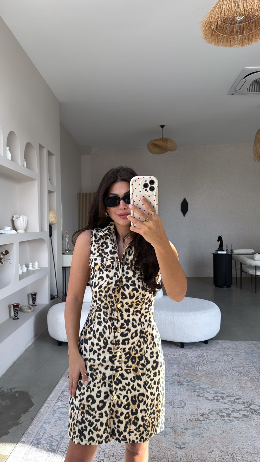 Leopar Denim Yakalı Elbise
