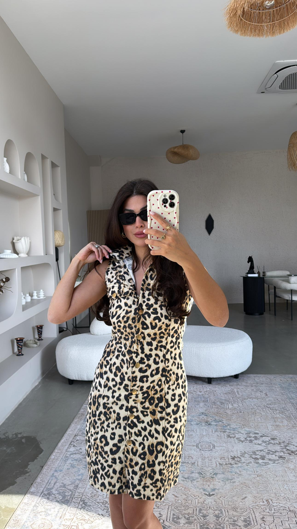 Leopar Denim Yakalı Elbise