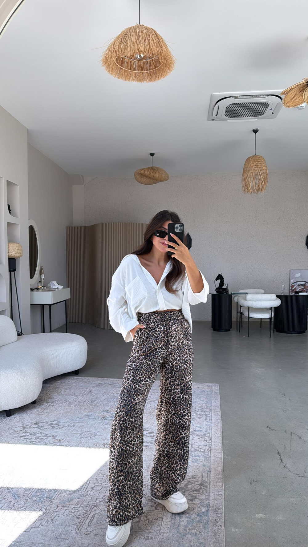 Leopar Desenli İpek Saten Pantolon