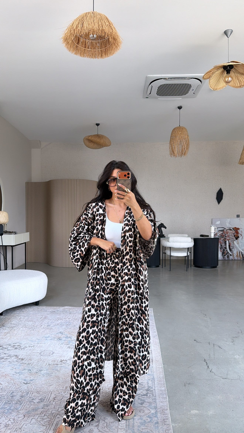 Leopar Desenli Viskon Kimono Pantolon