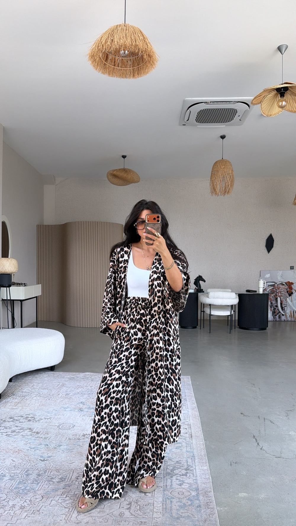 Leopar Desenli Viskon Kimono Pantolon