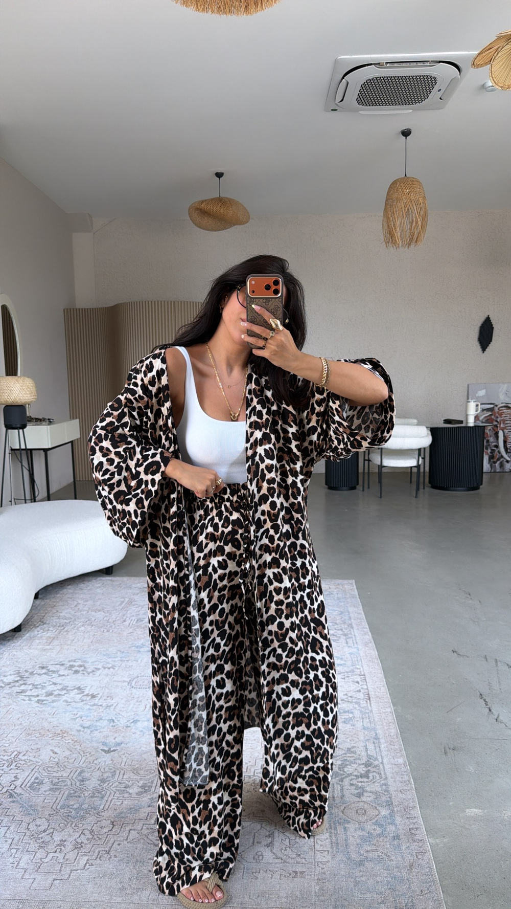 Leopar Desenli Viskon Kimono Pantolon
