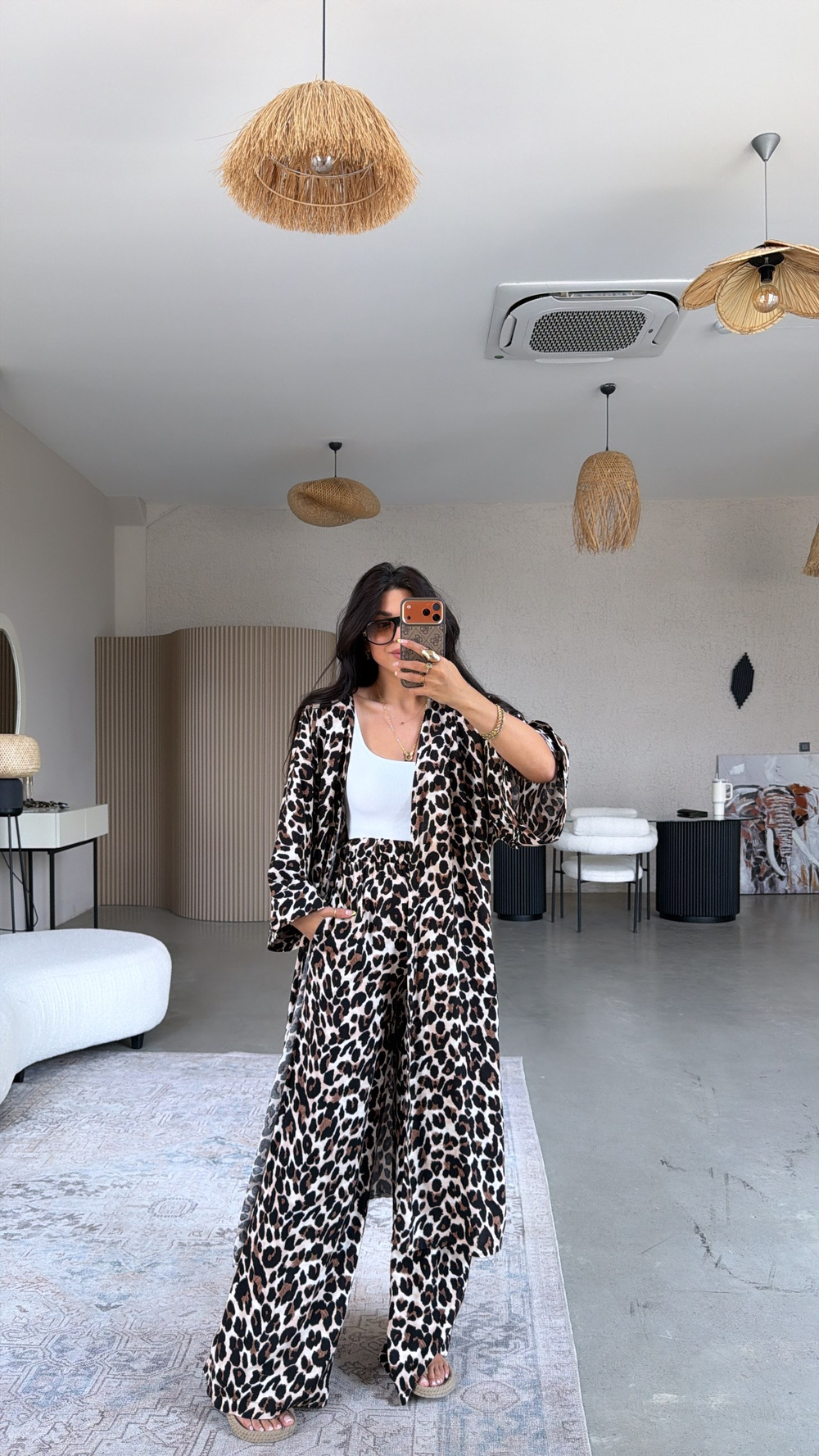 Leopar Desenli Viskon Kimono Pantolon