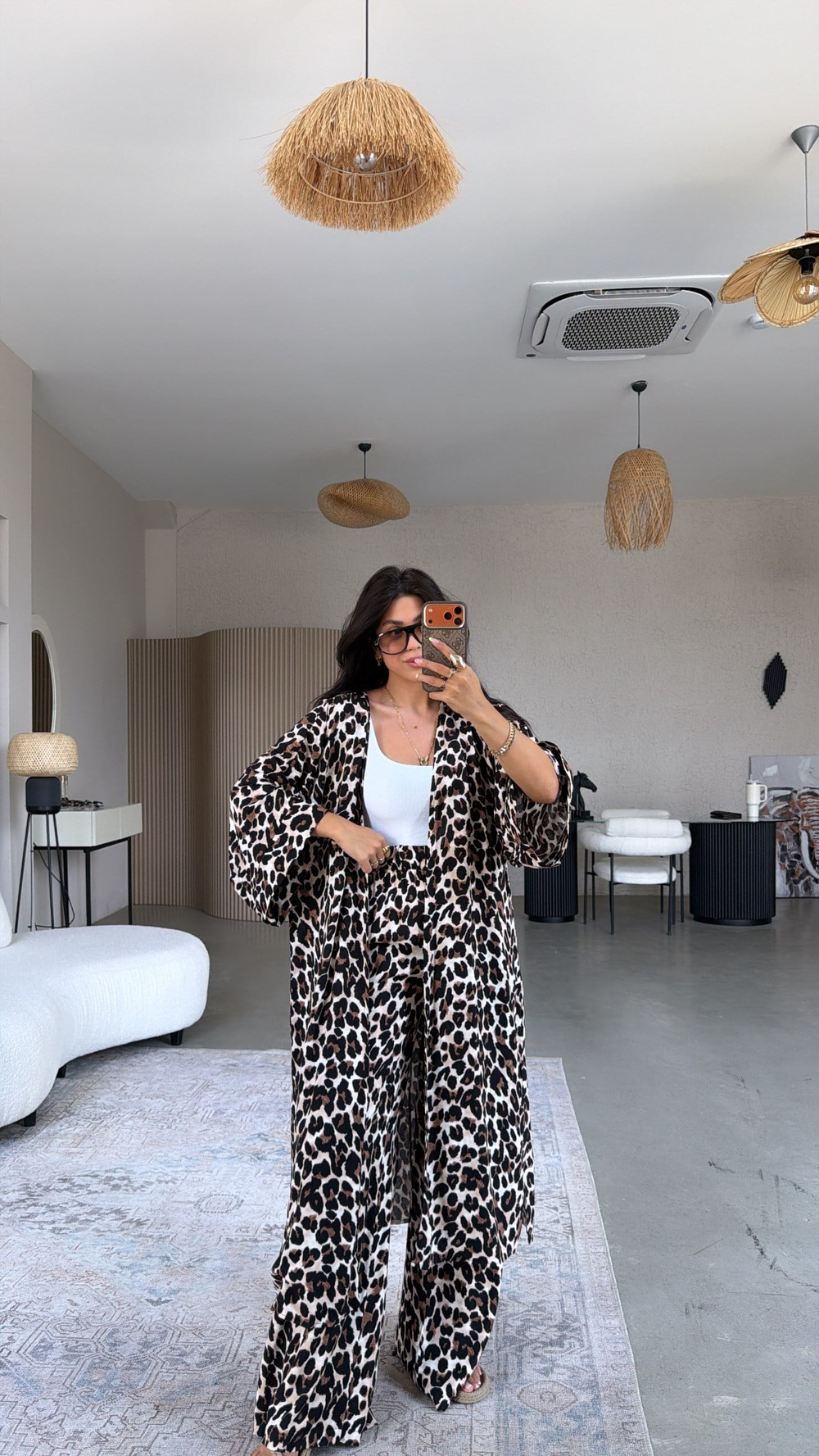 Leopar Desenli Viskon Kimono Pantolon