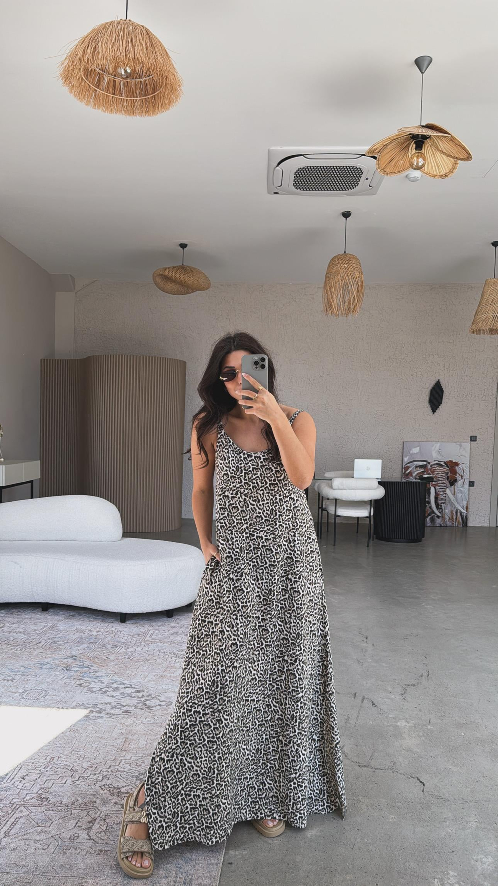 Leopar Yıkamalı Keten Maxi Elbise