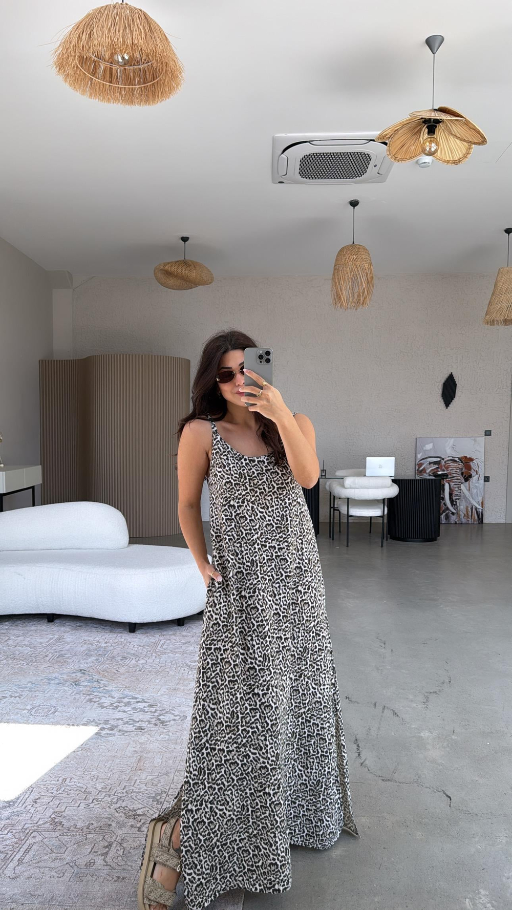 Leopar Yıkamalı Keten Maxi Elbise