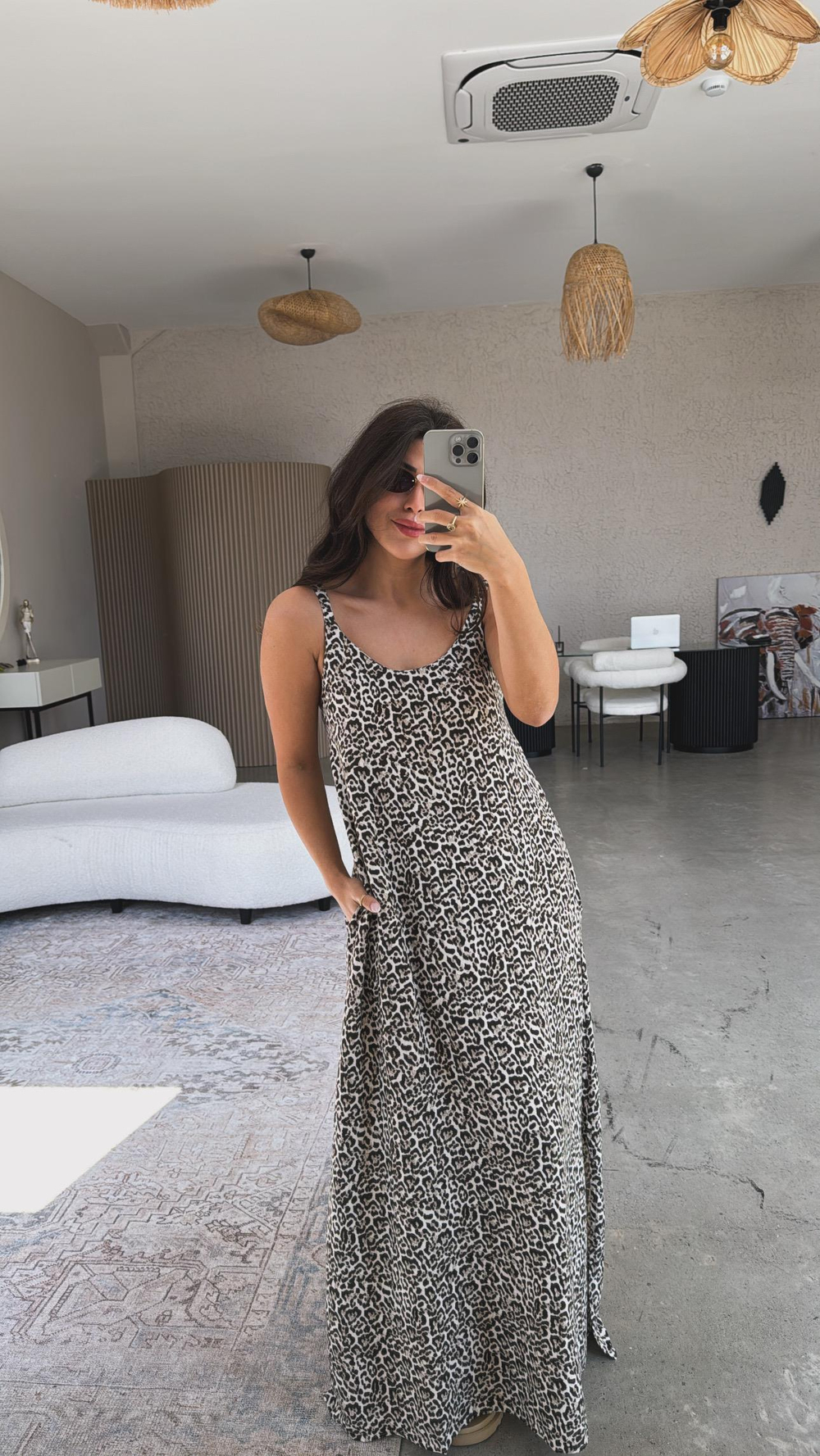 Leopar Yıkamalı Keten Maxi Elbise