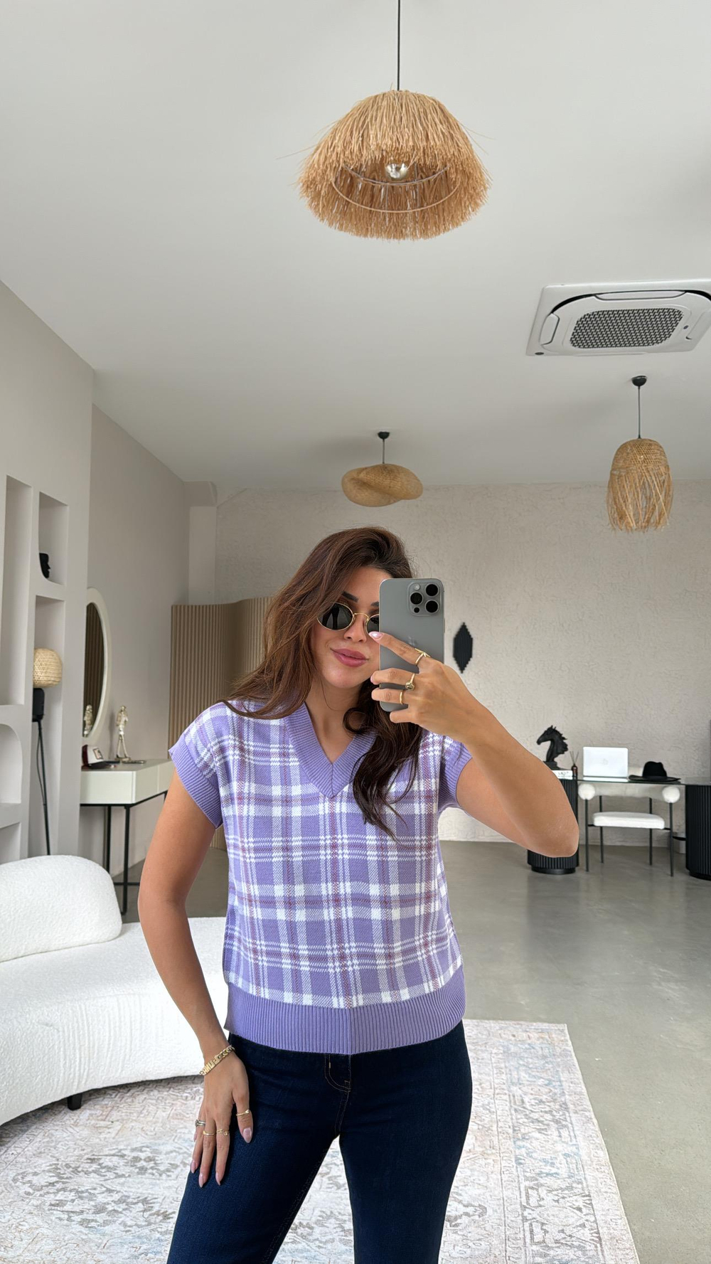 Lila Kare Desenli Triko Bluz