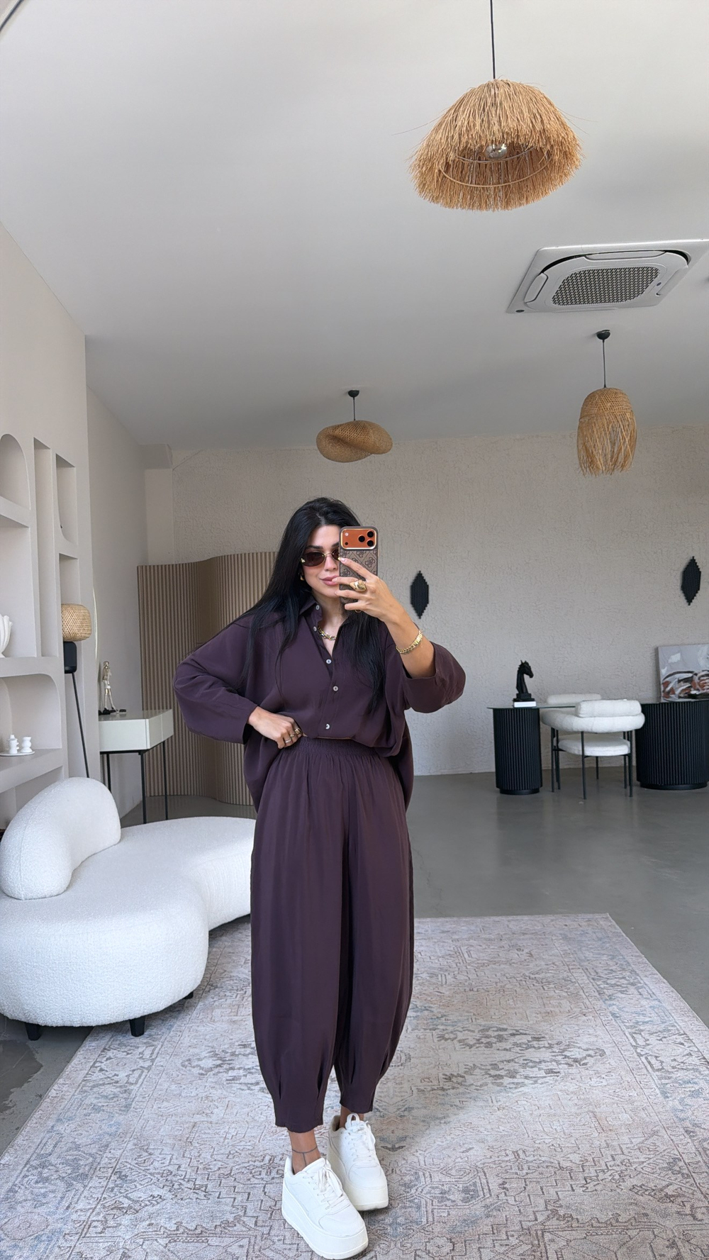 Mürdüm Baggy Pantolon Gömlek Tensel Takım