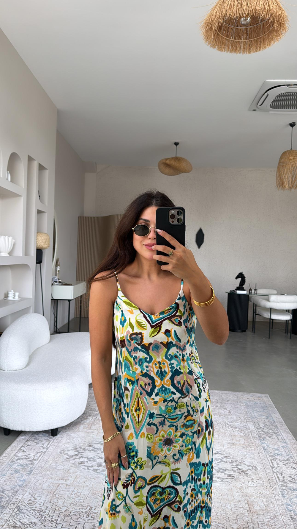 Neon Desenli Askılı Viskon Elbise