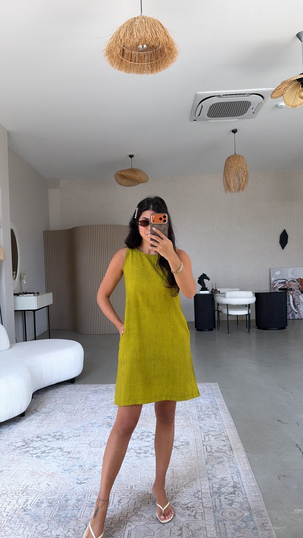 Olive Basic Yıkamalı Kumaşlı Elbise