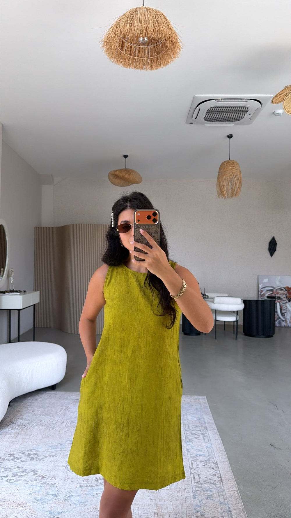 Olive Basic Yıkamalı Kumaşlı Elbise