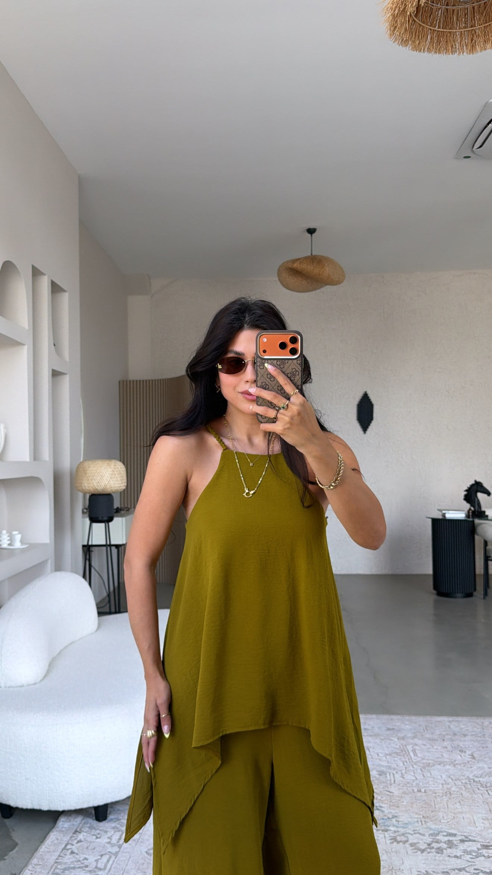 Olive Bluz Pantolon Görünümlü Tiril Tulum