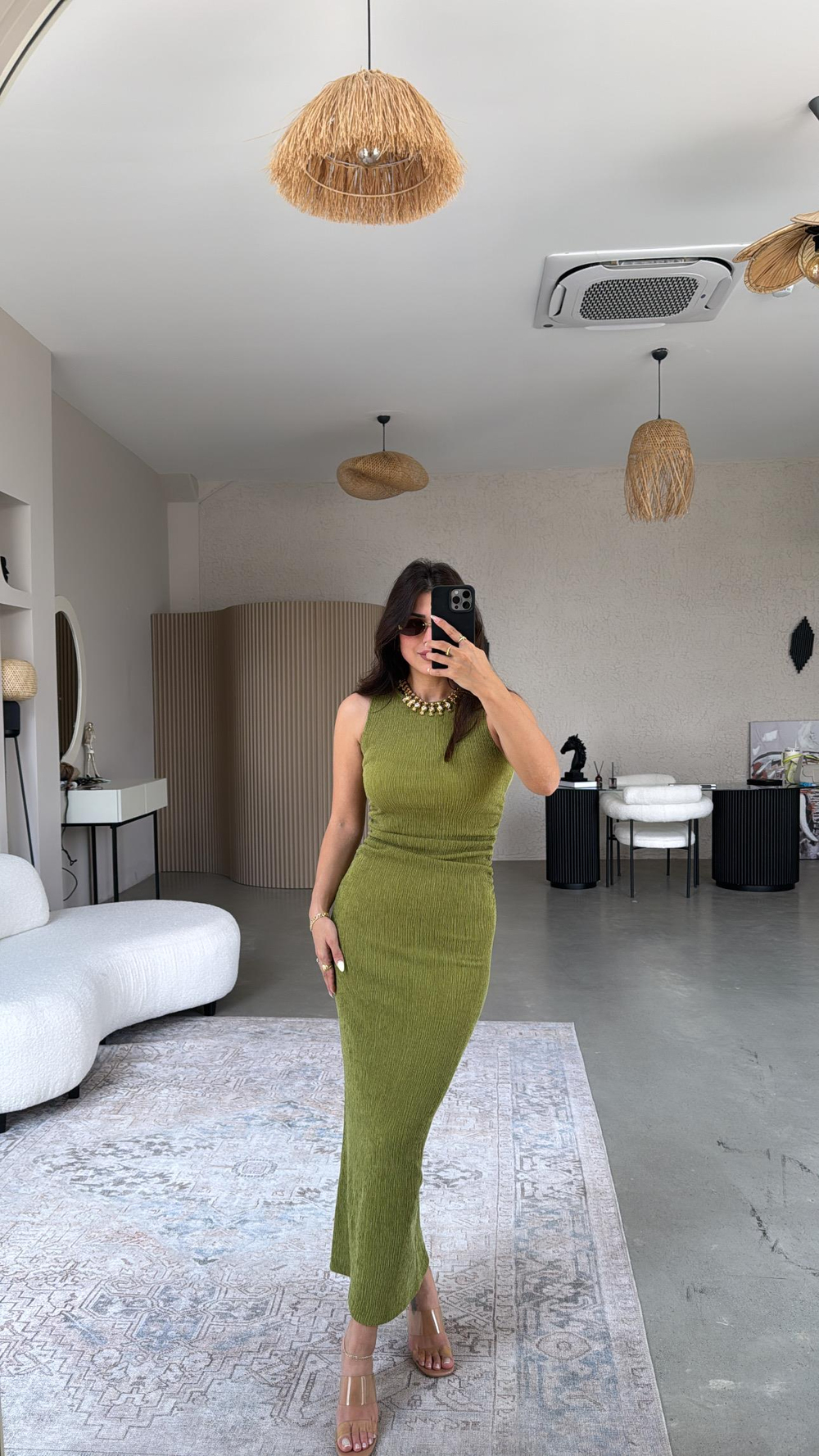 Olive Bürümcük ZR Model Büzgü Detay Elbise