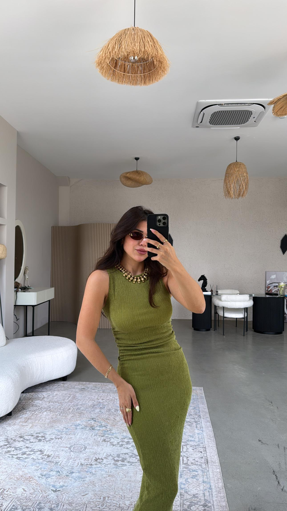 Olive Bürümcük ZR Model Büzgü Detay Elbise