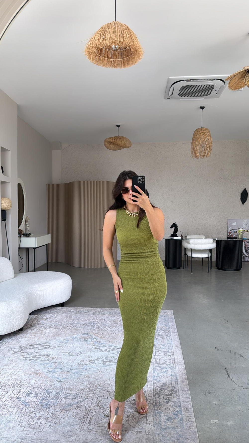 Olive Bürümcük ZR Model Büzgü Detay Elbise