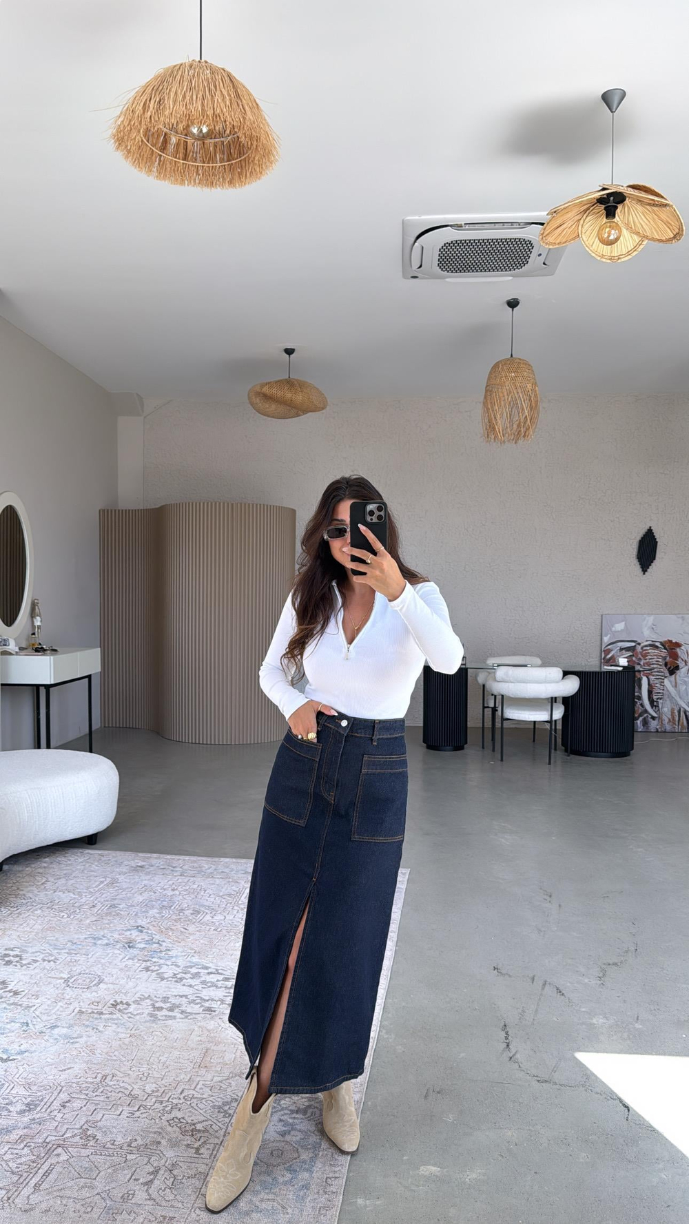 Ön Yırtmaçlı Uzun Denim Etek