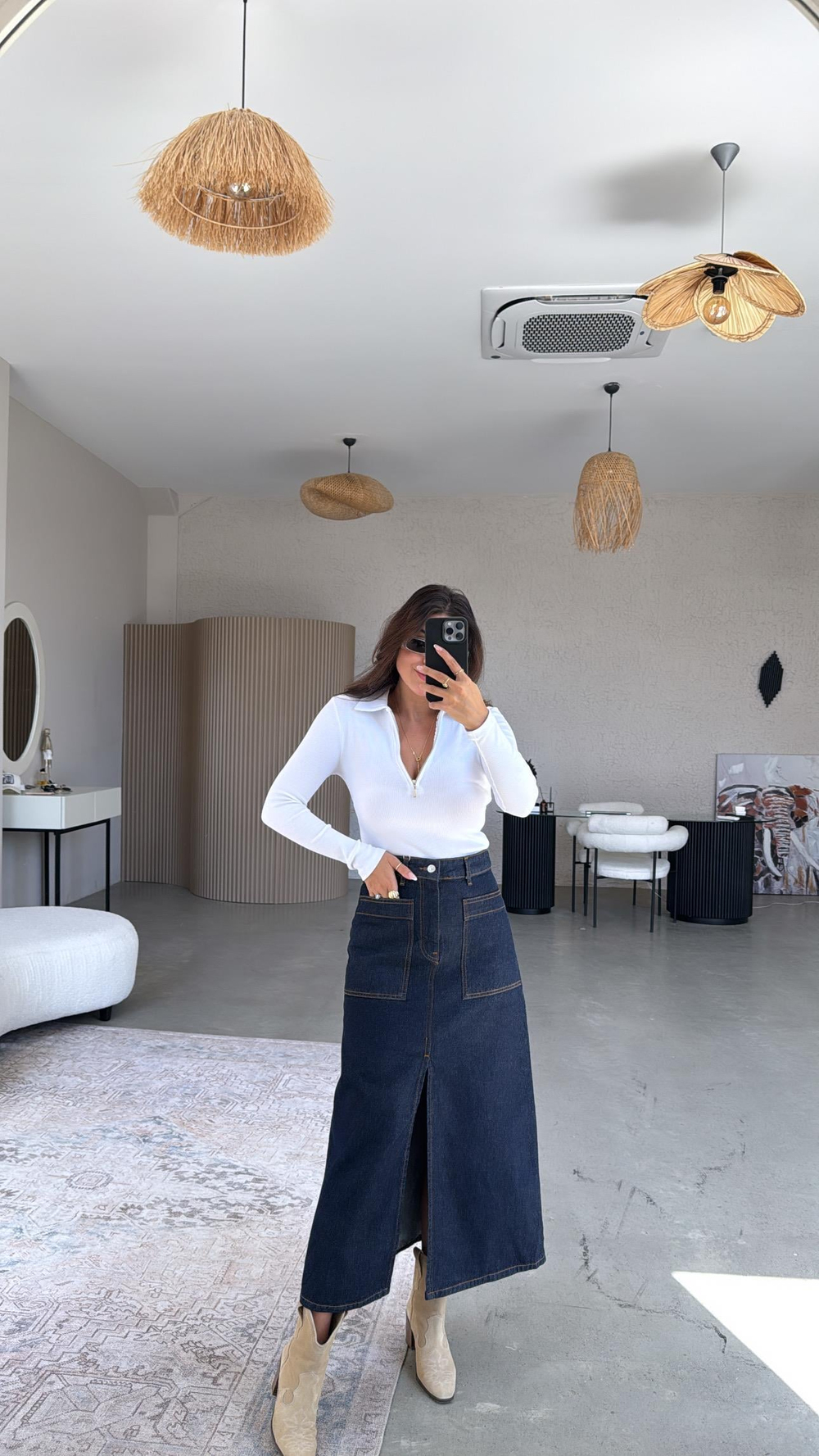 Ön Yırtmaçlı Uzun Denim Etek