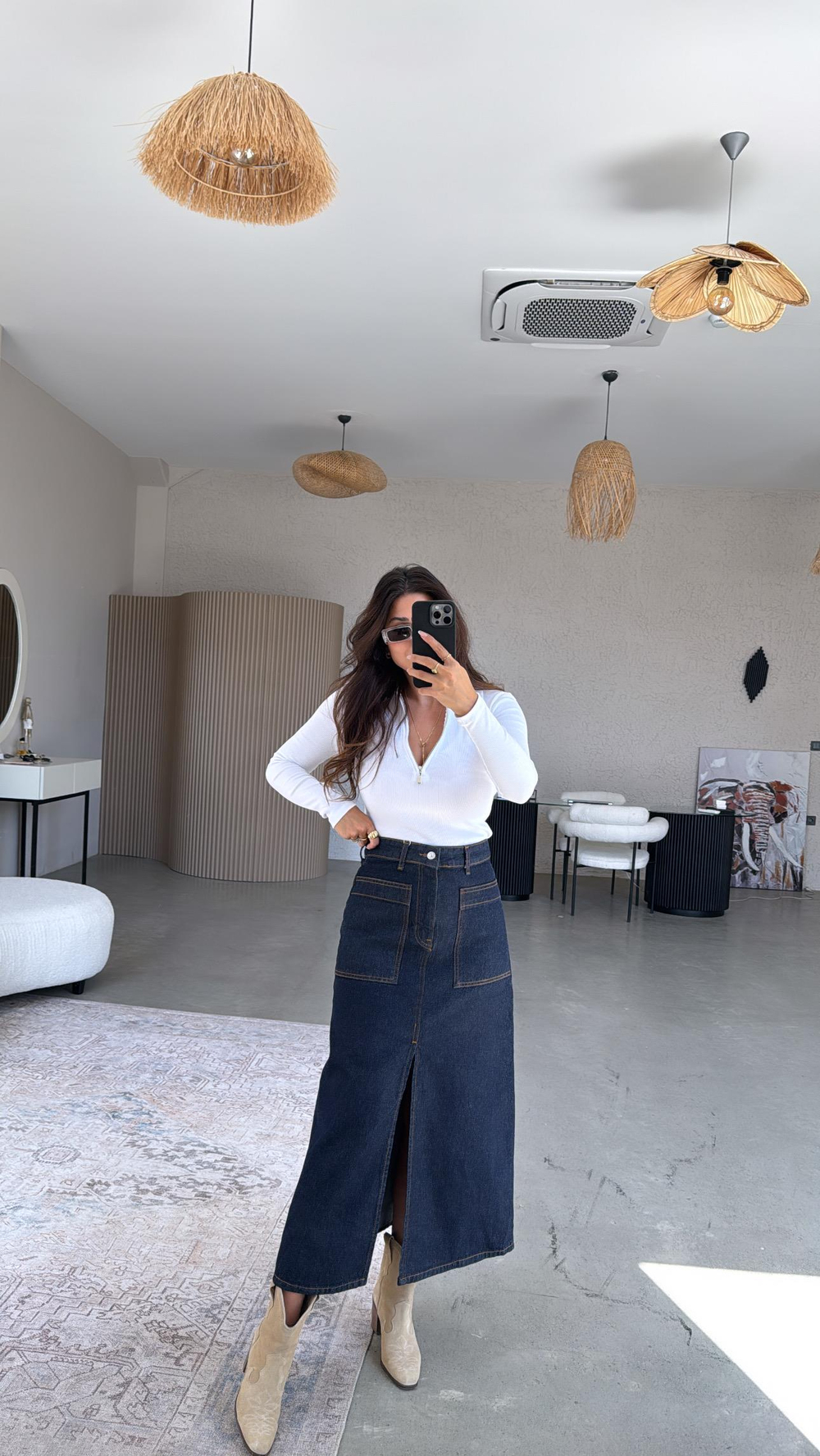 Ön Yırtmaçlı Uzun Denim Etek