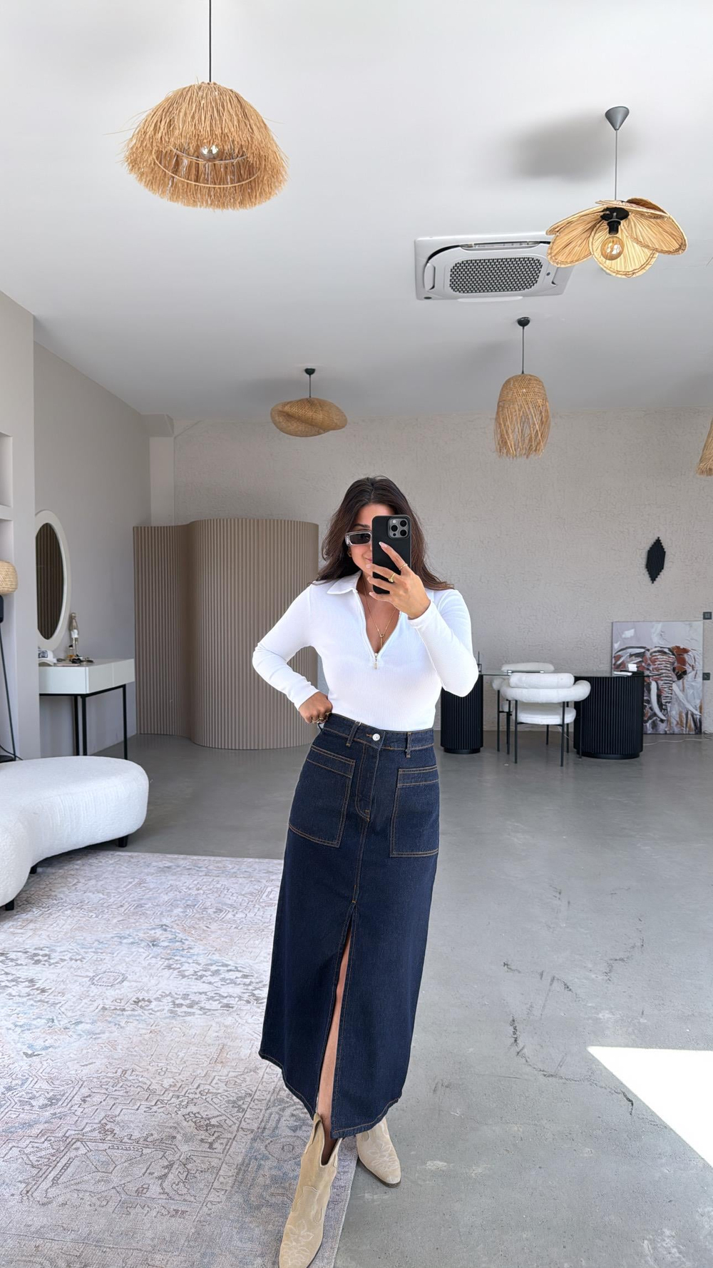 Ön Yırtmaçlı Uzun Denim Etek