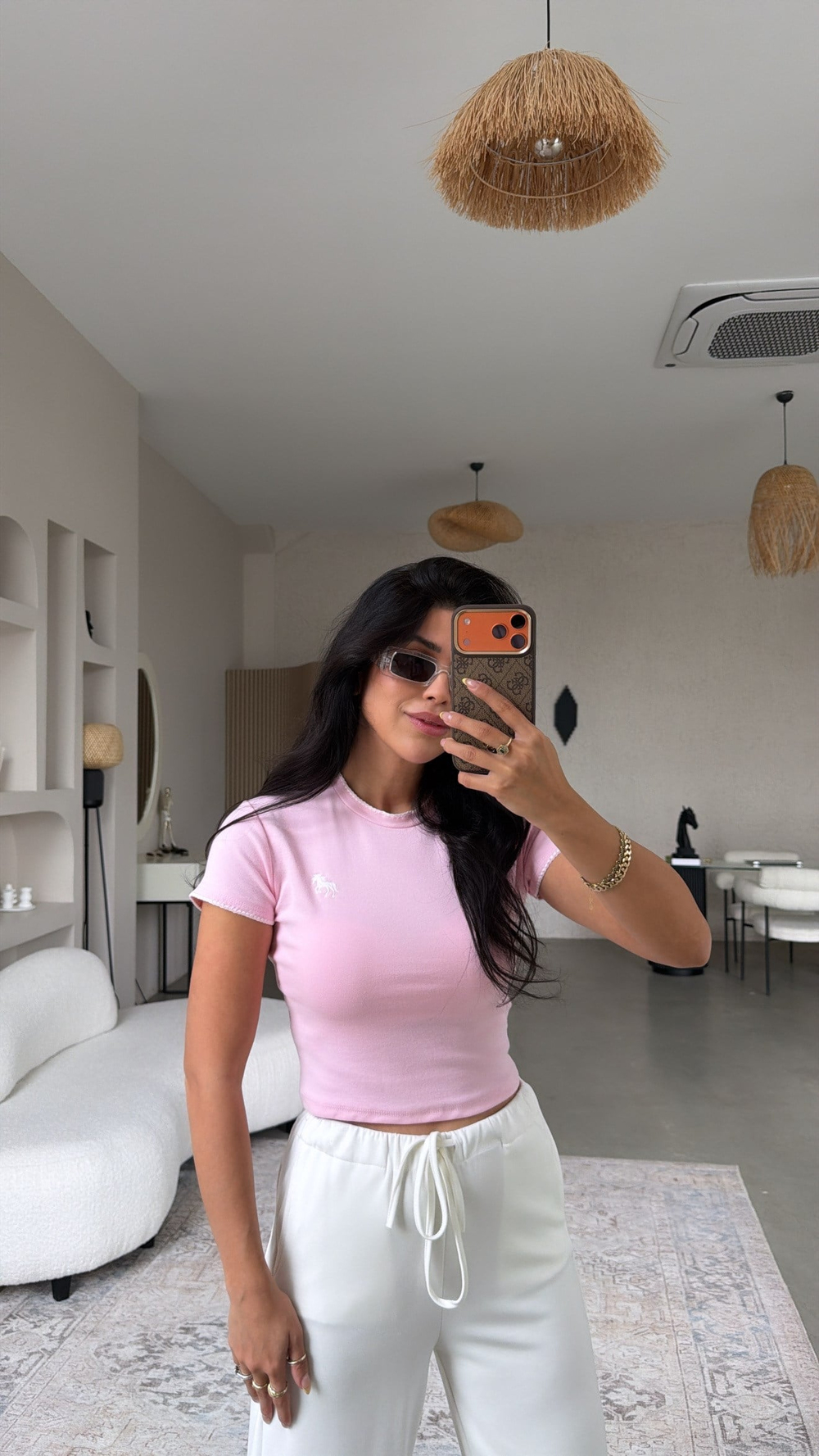 Pembe At Nakışlı Pamuk Crop Tshirt