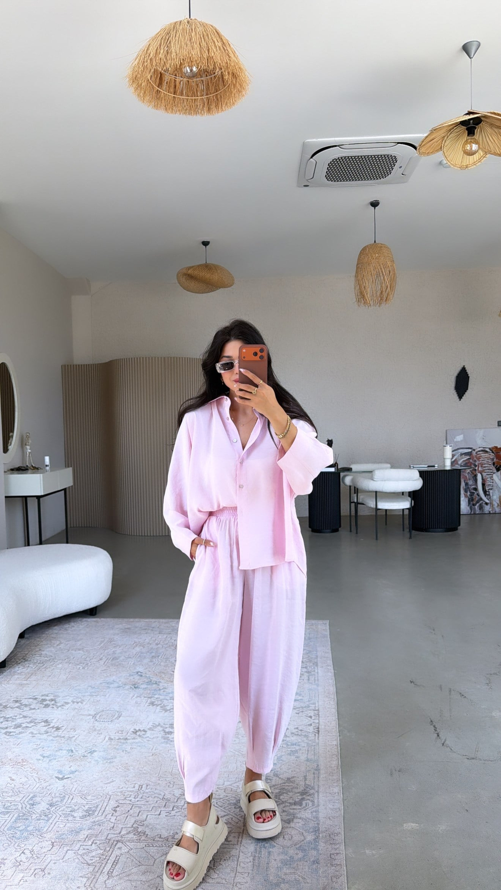 Pembe Baggy Pantolon Gömlek Tensel Takım